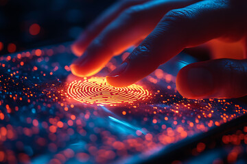 a hand pressing a smartphone screen to scan their fingerprint, with a glowing authentication graphic displayed on the device