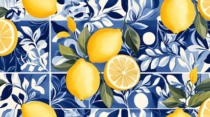 Lemons and Blue Floral Tile Pattern Design