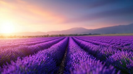 Obraz premium French lavender fields in acrylics, soft purples blending into golden sunlight and blue sky