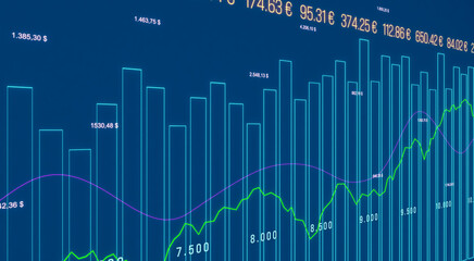 Bar graph, charts, market data and lines. Business, investment, trading concept.