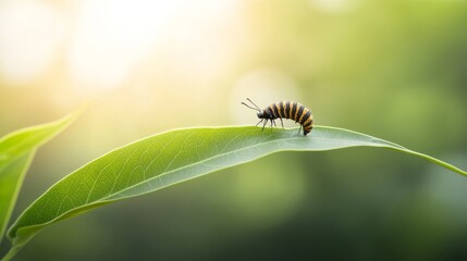 Fototapeta premium Close-up of a Vibrant Caterpillar Crawling on a Green Leaf in a Lush Natural Environment, with Soft Sunlight Filtering Through Background