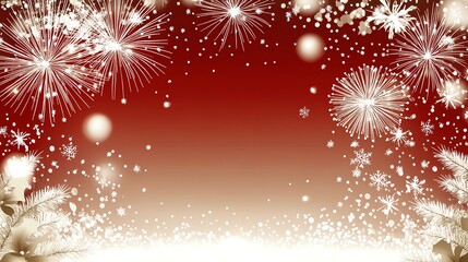 Red Festive Background Fireworks, Snowflakes, and Winter Branches