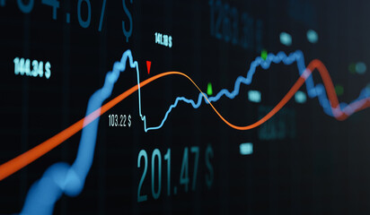 Two volatile stock market chart with financial data, abstract concept. Volatile, moving average, business, market research, investment, finanical data and  information. 3D illustration