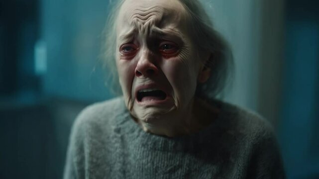 Intense expression of fear is unveiled as distressed individual experiences overwhelming emotions in haunting abandoned setting. Atmosphere with tension and sorrow. Old woman over 60 years old
