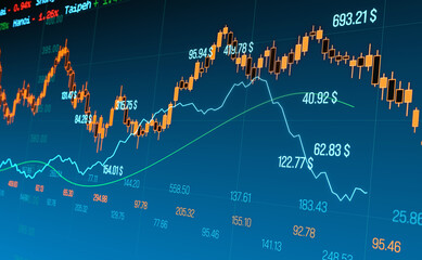 Chart and graph moving up and down, stock market and exchange data. Index ticker tape above the chart. Business, exchange data, analyzing, research, growth, trading, investment. 3D illustration
