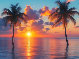 Obraz premium Tropical Sunset Scene with Two Palm Trees in Calm Ocean Waters