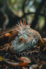 Iguana resting, detailed scales, orange hue.