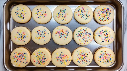 Fototapeta premium A baking sheet full of freshly baked sugar cookies, ready to be decorated with icing and sprinkles