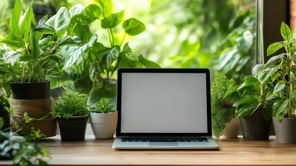 Fototapeta premium Laptop blank screen on wood table with cafe background, mockup, copy space for banner