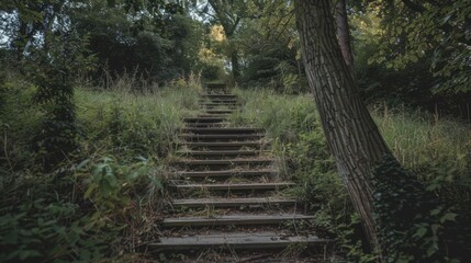 Wooden steps ascend through overgrown woodland.