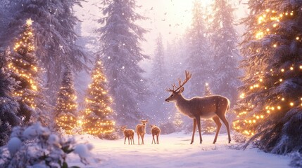 Fototapeta premium A snowy landscape where a family of deer grazes peacefully, surrounded by pine trees adorned with twinkling Christmas lights.