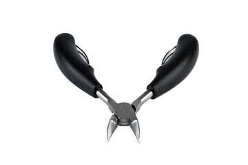 Open manicure side cutters with black handles on a white background.