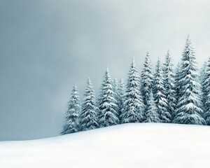 Fototapeta premium Snowcovered pine forest in acrylics, soft whites blending into deep blues to evoke winter tranquility