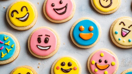 Fototapeta premium A playful assortment of sugar cookies shaped like emojis, with vibrant and expressive icing designs