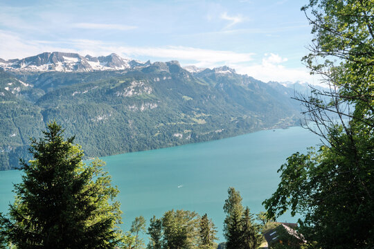 Stunning view of Lake Brienz surrounded by lush trees and majestic mountains in Switzerland, offering a serene escape into nature's beauty.