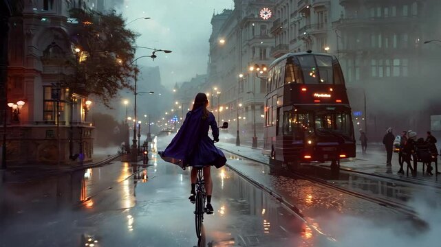Cinematic anamorphic 4K render of rainy historical London street. Figure cycling past red double decker bus, vintage lampposts illuminating wet cobblestones in moody evening atmosphere