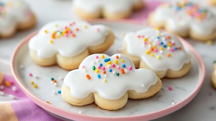 A whimsical scene of sugar cookies shaped like clouds, with fluffy white icing and rainbow sprinkles