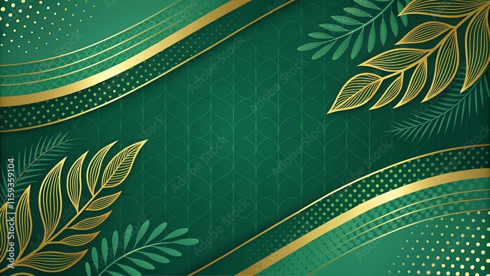 Poster Abstract luxury green and gold background modern creative concept. Abstract line green background. Luxury green background combine with glowing golden lines. Overlap layer textured background