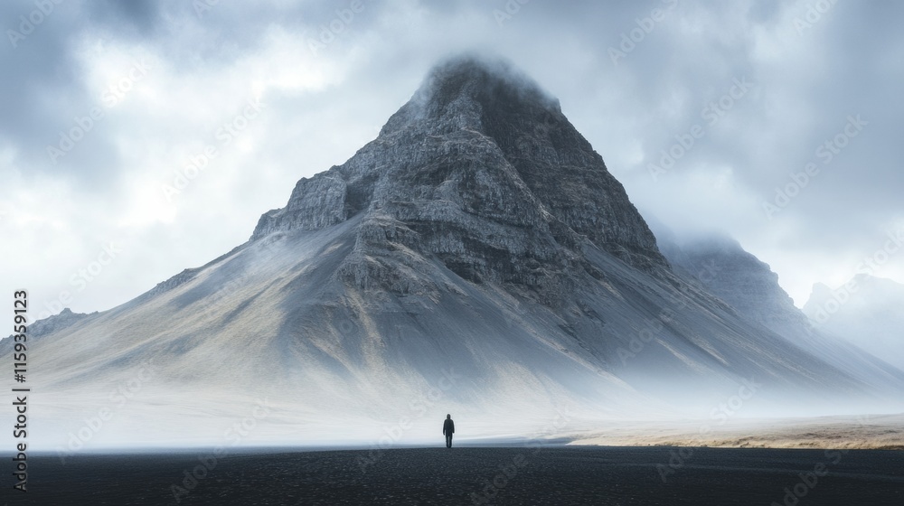 Poster lone figure stands in solitude at the base of a massive mountain under a cloudy sky. generative ai