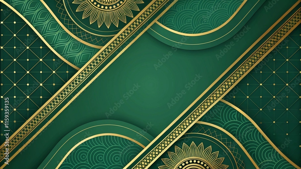 Poster Abstract luxury green and gold background modern creative concept. Abstract line green background. Luxury green background combine with glowing golden lines. Overlap layer textured background