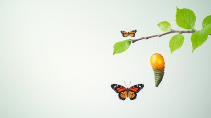 Delicate Transformation of Nature: A Close-Up of a Monarch Butterfly with Cocoon and Miniature Butterfly Hinging Over Green Branch Against a Soft Background