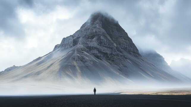 Lone figure stands in solitude at the base of a massive mountain under a cloudy sky. Generative AI