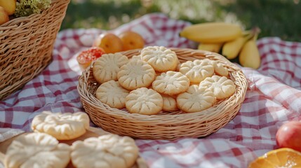 An outdoor picnic scene with a basket of sugar cookies, fresh fruit, and a gingham blanket