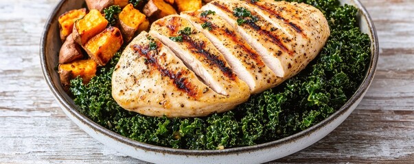Anti-inflammatory grilled chicken with steamed kale healthy meal prep kitchen top view