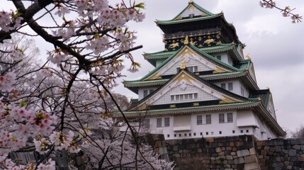 Cherry blossoms in full bloom, Japan castle, spring scenery.