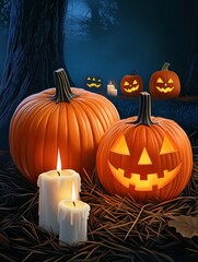 Obraz premium Autumn Night Pumpkins and Candles - Spooky Halloween scene, pumpkins carved and whole, candles glowing, autumn night, forest setting. Symbolizes: autumn, Halloween, harvest, mystery, celebration.