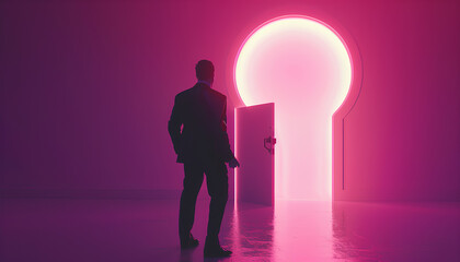Obraz premium Businessman entering a glowing keyhole-shaped opening