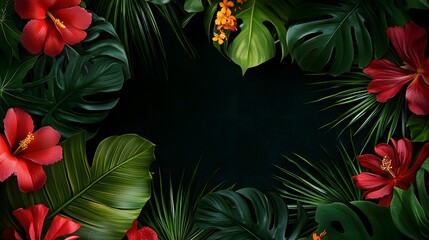 Lush Tropical Flowers and Leaves Frame a Dark Background