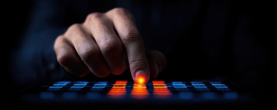 Person Performing Music Production with Digital Pad in Dark Environment