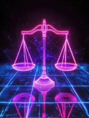 Digital Scales of Justice: A Futuristic Vision - Symbolizing balance, fairness, law, technology, and the future of justice.  Neon scales glow on a digital grid.