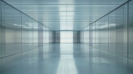 Modern metallic hallway leading to a bright exit