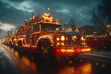 Illuminated vintage firetruck in snowy Christmas parade.