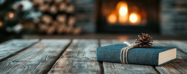 Cozy Holiday Scene with a Wrapped Gift and a Warm Fireplace in Background for Seasonal Vibes