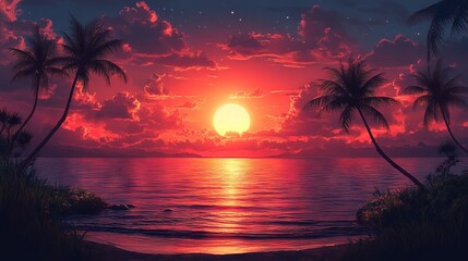 Vibrant sunset over serene tropical beach featuring silhouetted coconut palm trees against a colorful evening sky