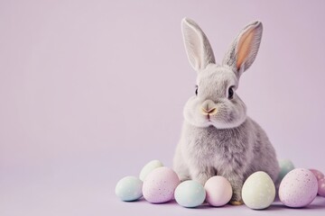 Adorable bunny with pastel Easter eggs on a light lavender background, symbolizing spring, celebration, and festive holiday traditions