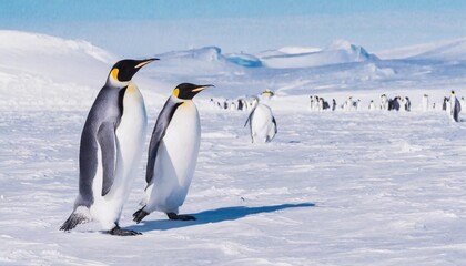 Naklejka premium Emperor Penguins Marching Across the Vast Antarctic Ice in a Harsh Winter
