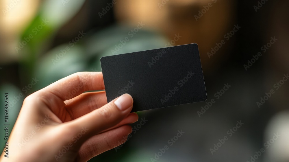 Poster sleek black gift card held in hand with copy space for personalized message and mock up design. gene