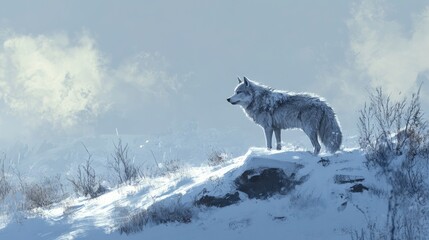 A solitary wolf standing alert on a snowy ridge, its thick fur coat blending with the winter scenery as it surveys its territory.