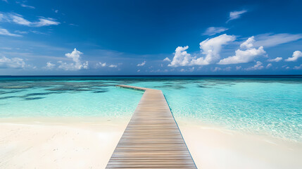 Fototapeta premium Tropical beach with white sand and wooden pathway, clear blue sea. Seabreeze. Illustration