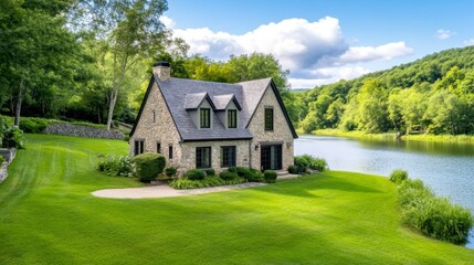 Obraz premium Lakeside Stone Cottage Retreat - Serene lakeside cottage, stone architecture, lush landscaping, tranquil waters, idyllic setting.