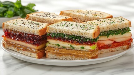 Plate of four peanut butter and jelly sandwiches with apple slices.