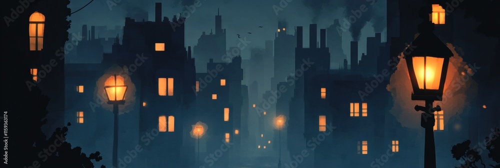 Aufkleber Mysterious dark cityscape at night with few illuminated windows casting a warm glow. Generative AI
