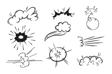 Featuring, comic-style motion effects, including explosive booms vector illustration, dynamic speed lines, and action bursts. Hand drawn doodle style elements ideal for enhancing cartoon