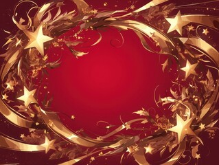 Decorative golden stars and ribbons on a red background for festive occasions.