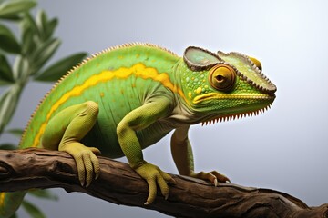 Obraz premium A colorful chameleon perched on a branch, showcasing its vibrant green and yellow patterns in a serene environment.