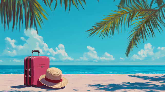 Vibrant colors of a deserted beach scene featuring a stylish summer hat and trendy luggage, evoking a sense of relaxation and exotic getaway adventures. Seabreeze. Illustration